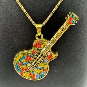 Rhinestone Guitar Pendant Necklace Gold Tone and Multicolor